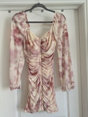 NWT Idem Ditto Medium Ruched Long-Sleeve Mini Dress in Blush Cream And Mauve